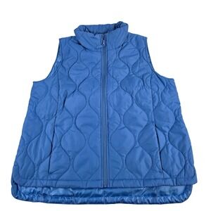 Lands End Quilted Puffer Vest Blue Full‎ Zip Mock Neck Women Size L P 14-16